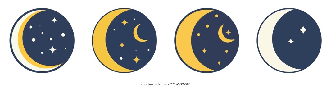 Conjunto de iconos de media luna, fases lunares y símbolos de media luna, Ilustración vectorial.