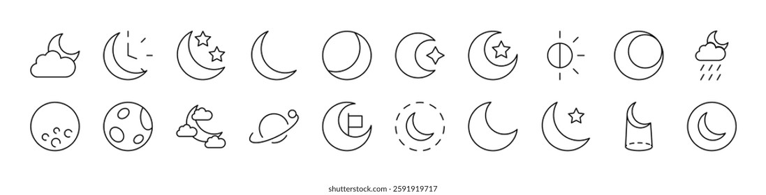 The Moon and Crescent Icon Set for UI, Placards, Books, Apps. Editable Stroke. Suitable for Web Sites, Books, Cards, Apps