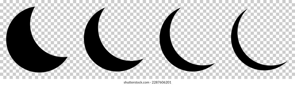 Moon crescent icons. Different shapes of moon. Vector illustration isolated on transparent background