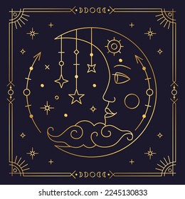 Moon crescent mystical golden stylized boho chic sign. Astrology, alchemy, esoteric, tarot, fortune telling and mysticism design element thin line vector illustration