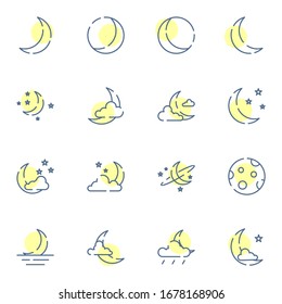 Luna, media luna, conjunto de iconos nocturnos. Luna simple, medianoche, el concepto de símbolo de icono de contorno coloreado por estrellas. ilustración vectorial. 