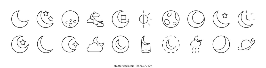 The Moon and Crescent Outline Simple Linear Image Collection. Editable Stroke. Suitable for Web Sites, Books, Cards, Apps