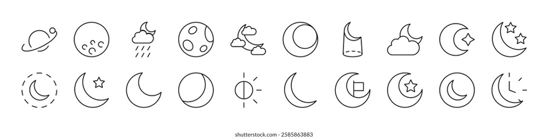 The Moon and Crescent Pack of Thin Icons. Editable Stroke. Suitable for Web Sites, Books, Cards, Apps 