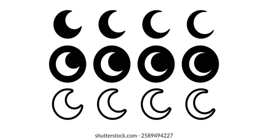 moon crescent phase icon symbol sign vector design black white outline and black solid color illustration sets isolated
