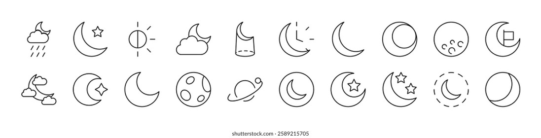 The Moon and Crescent Related Icon Set. Editable Stroke. Suitable for Web Sites, Books, Cards, Apps 