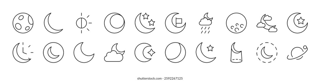 The Moon and Crescent Related Line Icons for Web Sites, Books, Cards, Apps. Editable Stroke. Suitable for Web Sites, Books, Cards, Apps