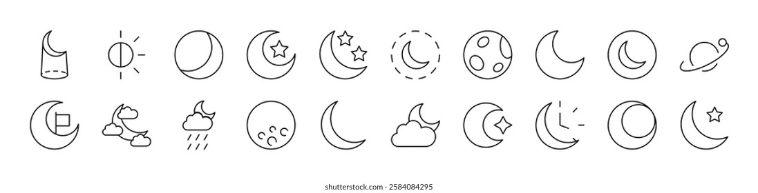 The Moon and Crescent Set of Thin Icons. Editable Stroke. Suitable for Web Sites, Books, Cards, Apps