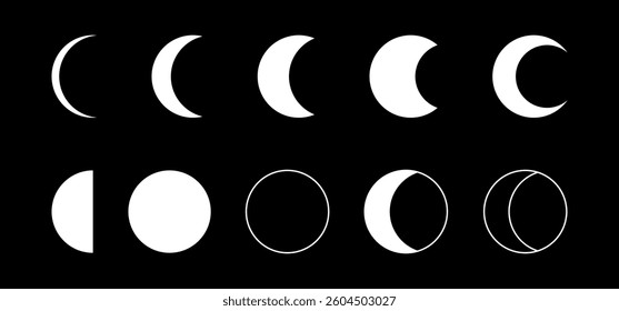 Moon and crescent moon, set of white silhouettes isolated on a black background. Different shapes of moon. Vector icon, illustration, design element.