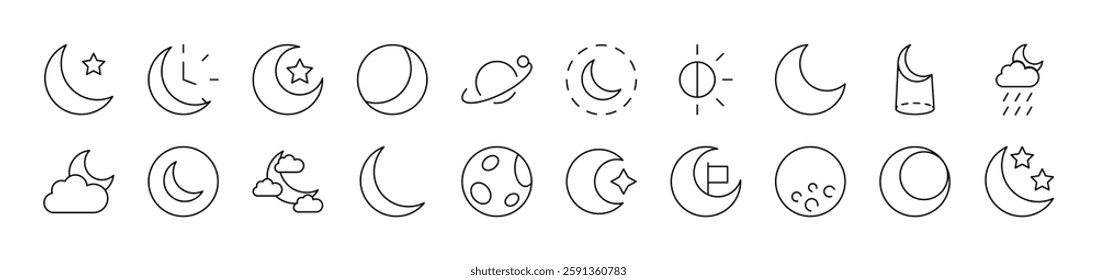 The Moon and Crescent Simple Isolated Line Icons Collection. Editable Stroke. Suitable for Web Sites, Books, Cards, Apps