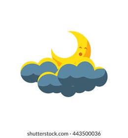 Moon Crescent Sleeping In Dark Clouds Cute Childish Style Bright Color Design Icon Isolated On White Background
