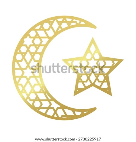 Moon crescent and star fill with Moroccan style pattern. Vector element for Islamic celebration theme. Ramadan Kareem, Eid Mubarak, Eid Al-fitr, Eid Al-Adha. Gold gradient color.