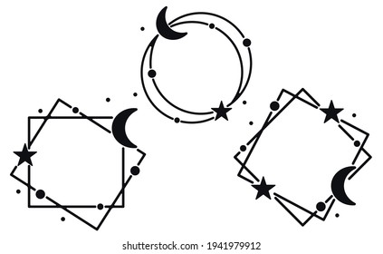 Moon Crescent With Stars. Celestial Frame. Mystical Square And Round Border. Ramadan Kareem. Vector Illustration.