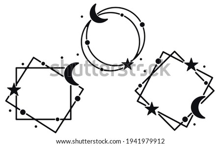 Moon crescent with stars. Celestial frame. Mystical square and round border. Ramadan kareem. Vector illustration.