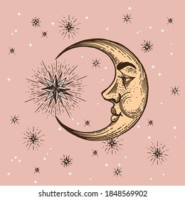 Moon and Crescent, stars, hand drawn in engraving style. Vector graphic retro illustrations.