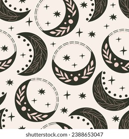 Moon, crescent, stars, magic. Seamless pattern. Boho pattern for astrology, esotericism, Tarot, mysticism and magic. Hand drawn vector illustration.