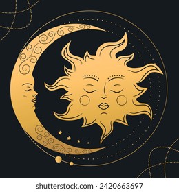 Moon Crescent and Sun. Gold celestial background. Vector illustration