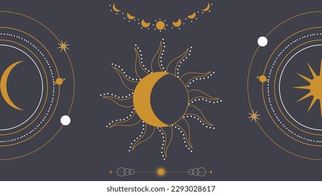 Moon, crescent, sun and stars. sacred geometry, celestial items for astrology. Background for a site on astrology. Celestial harmony 