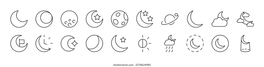 The Moon and Crescent Thin Icons Collection. Editable Stroke. Suitable for Web Sites, Books, Cards, Apps 