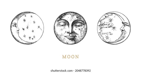 Moon   Crescents set  drawings in engraving style  Hand drawn retro illustrations in vector  Vintage pastiche esoteric   occult signs 
