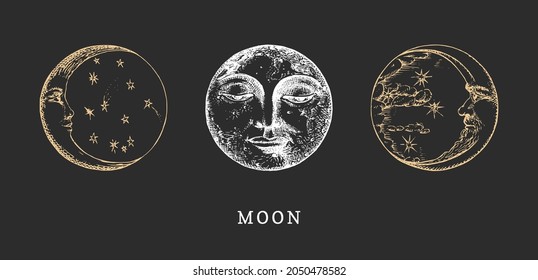Moon and Crescents set, hand drawn retro illustrations in vector. Drawings in engraving style. Vintage pastiche of esoteric and occult signs.