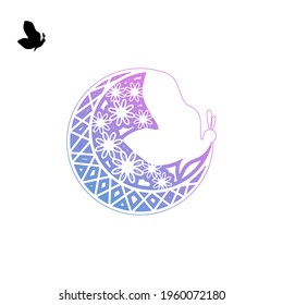 Moon crest with butterfly concept and line art style design vector