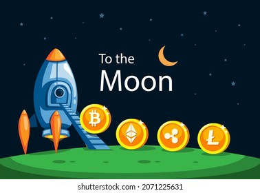 A la luna, moneda criptográfica con cohete. vector de ilustración de crecimiento del mercado de criptodivisa