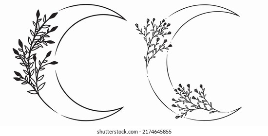 Luna con plantas de cristal. Conjunto de dos lunas minimalistas. Arte vectorial