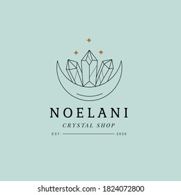 Luna y Cristal. Modelo de diseño del logotipo Vector Boho Witch and Magic en un estilo minimalista lineal de moda. Símbolo de cosméticos y embalajes, joyería, productos artesanales o de belleza