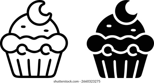 Moon Cupcake Icon Set – Símbolo de postre blanco y negro para panadería, pastelería y diseño de alimentos dulces