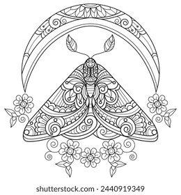 Moon and cute butterfly hand drawn for adult coloring book