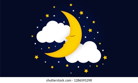 Moon with cute clouds and stars. Good night sky background. Vector illustration.