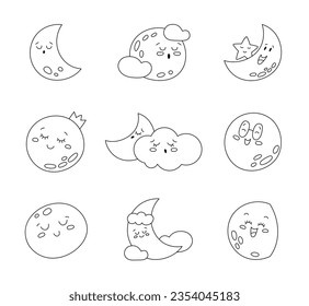 Moon cute kawaii character. Coloring Page. Dream space night sky. Vector drawing. Collection of design elements.