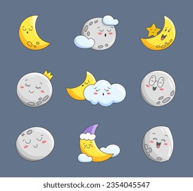 Moon cute kawaii character. Dream space night sky. Vector drawing. Collection of design elements.