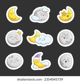 Moon cute kawaii character. Sticker Bookmark. Dream space night sky. Vector drawing. Collection of design elements.