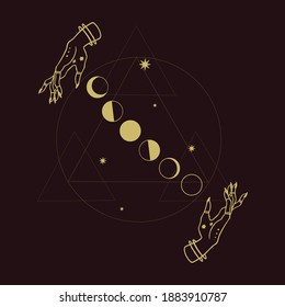 Moon cycle bohemian isolated vector illustration. Pictogram astrology esoteric line art, moon, stars, magic hands separated from background. Poster, print, banner, social media