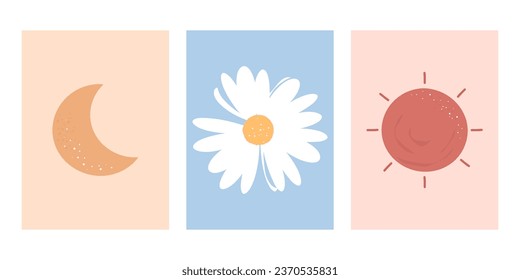 Moon, daisy flower and sun cute wall art decoration.
