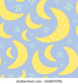 Moon Dance repeat vector pattern featuring polka dot yellow moons, aqua stars, and a blue background.  All hand drawn.  Perfect for a baby nursery.