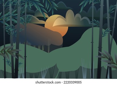 Moon in dark sky. bamboo night landscape background. Tropical reed beds. Jungle and rainforest of southern latitudes. Cartoon fun style. Flat design. Vector