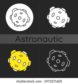 Moon dark theme icon. Natural satellite of our planet. Big grey space body that spins. Reflecting sun light in night. Linear white, simple glyph and RGB color styles. Isolated vector illustrations