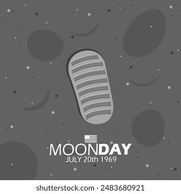 Moon Day event banner. Illustration of shoe prints landing on the moon to celebrate on July 20th