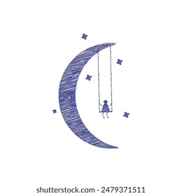 Moon day line sketch drawing vector