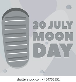 Moon day poster. Footprint, lunar soil. Vector, eps10.