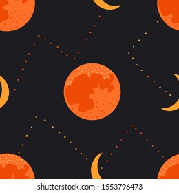 Moon decorative seamless pattern for print, textile, fabric. Kids hand drawn stylized background with different moons and night.