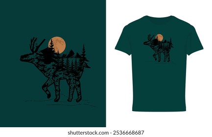 The Moon Deer color Nature Galaxy T-shirt Design
