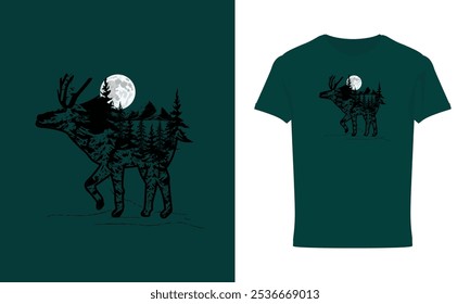 The Moon Deer Nature galaxy Black T-shirt Degin