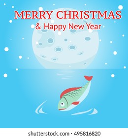 Moon descends to the water edge. Winter snows. Merry Christmas and Happy New Year.