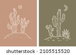 Moon Desert Cactus Boho Warm Colors Minimal Botanical Vector Illustration Set