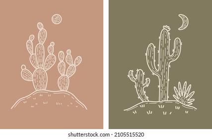 Desierto lunar Cactus Boho Colores cálidos Mínimo Vector Botánico Juego de Ilustración
