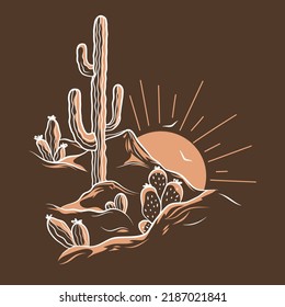 Desierto lunar Cactus Boho Colores cálidos Ilustración mínima del vector botánico