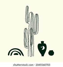 Moon, desert, cactus. Folk art concept. Boho culture. Harmony and zen. Crescent moon magic symbols. Vector illustration.
